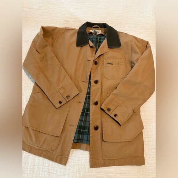 LL Bean Chore Barn Tan Jacket with Brown Collar EUC 2708 - Picture 1 of 13
